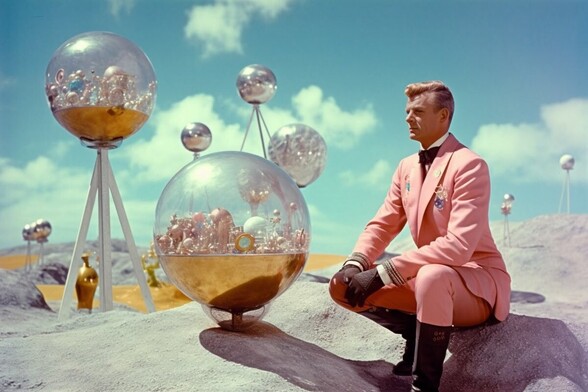 A man in a pink suit sits on a rock next to transparent spheres containing more spheres