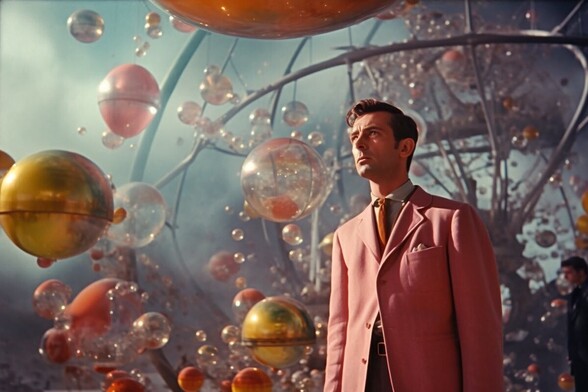 A man in a pink suit stands in a glass building among many small floating spheres