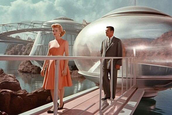 A man and a woman walk long a raised gangway from a glass dome over a lake
