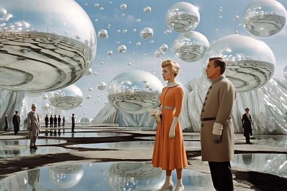 A woman and a man stand not looking at the silver spheres floating all around them