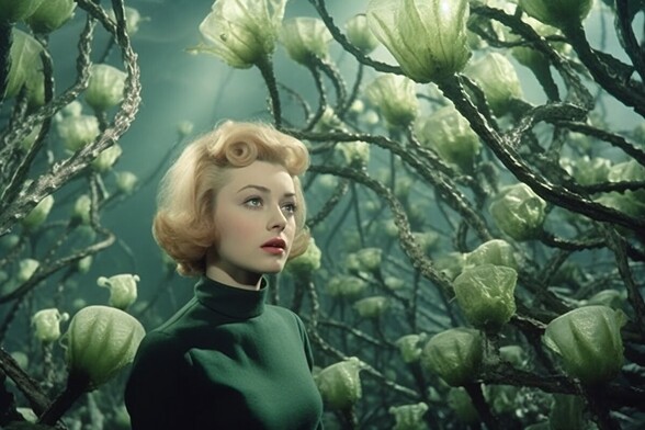A young woman stands looking in wonder at the strange green flowers which surround her