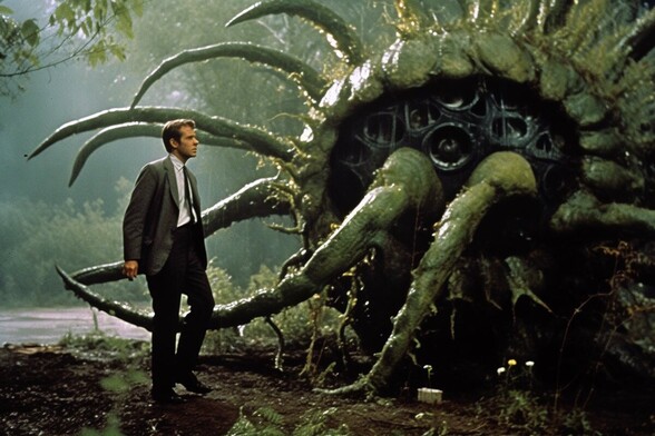 A man is about to be enveloped by tentacles from a huge biomechanical plant