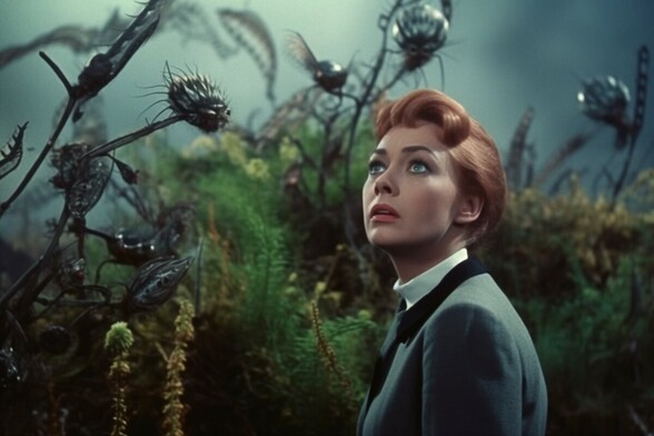 A woman looks slightly fearfully at odd spiky stalks that are rising above her
