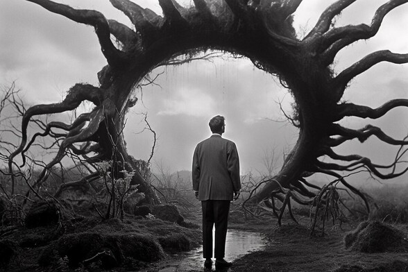 A man stands looking at an arch-like circle of wood and branches, which appears to be one whole plant rather than a construction