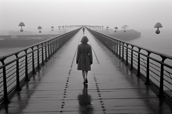 A woman walks towarda a person across a long footbridge over an inlet. Rows of things shaped like umbrellas on bowling balls hover to each side of the bridge