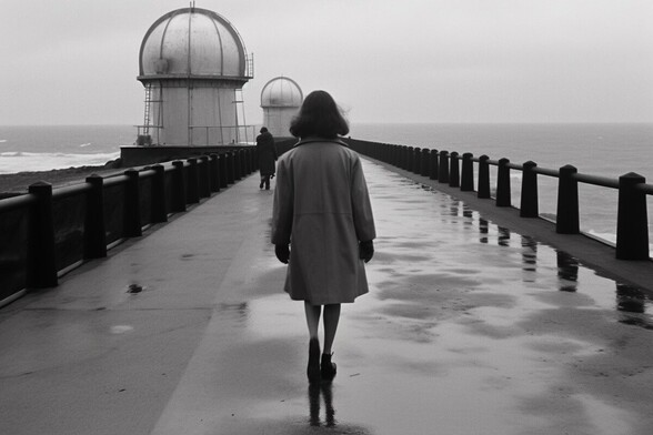 A woman walks down a jetty on which are two small astronomical observatory domes