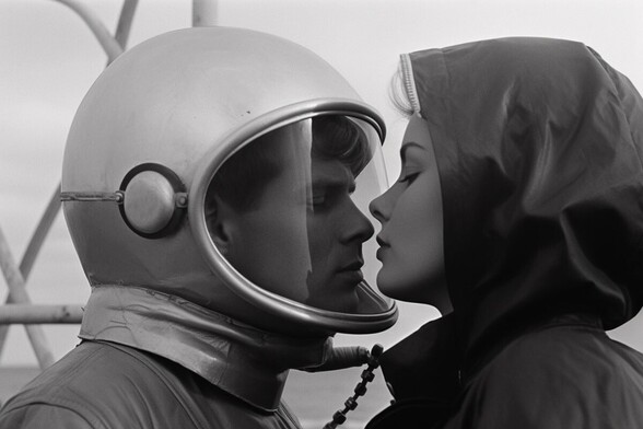 A woman leans in to kiss the visor of a male astronaut