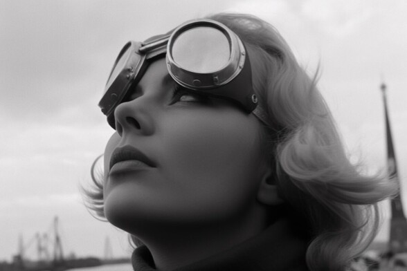 Close-up of a woman looking upwards, goggles pushed slightly above her eyes