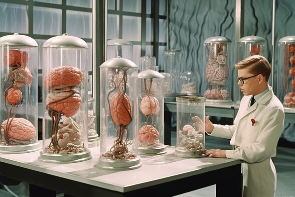 A person in a labcoat examines a jar without a brain in it. On the table are four other jars which do have brains in them, with more on another table behind