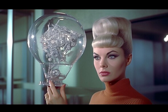 A woman peers at a large globe with intricate metal shapes inside it
