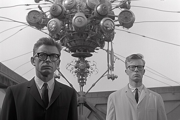 Two serious-looking men, behind and above them is a strange device with something like clocks or gauges projecting out of it