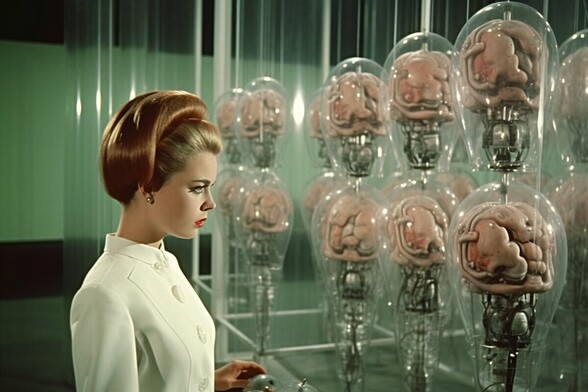A woman looks at a series of brain-like things in jars or globes
