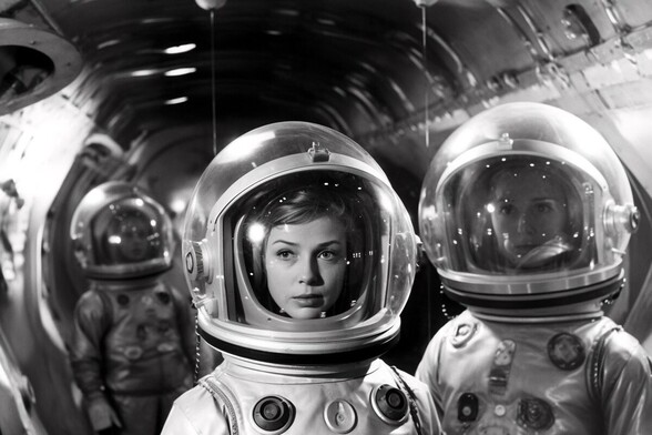 Female astronauts in the hold of a spaceship