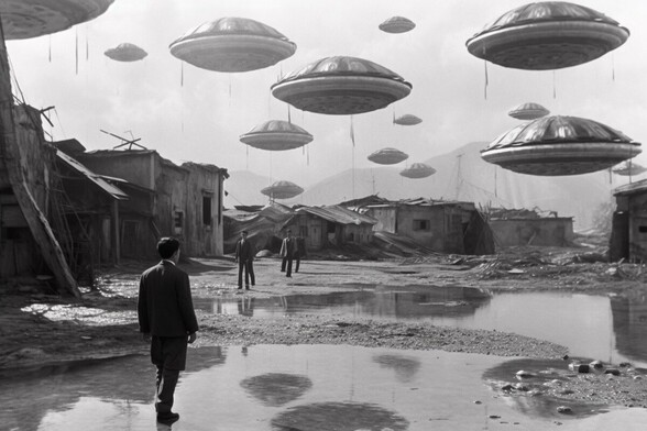 Several people stand in the muddy ruins of a village as a fleet of saucers hover overhead