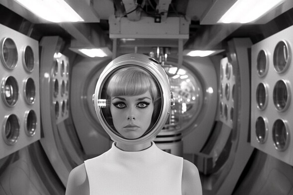 A woman wearing a space helmet and a sleeveless dress stands in a metal airlock