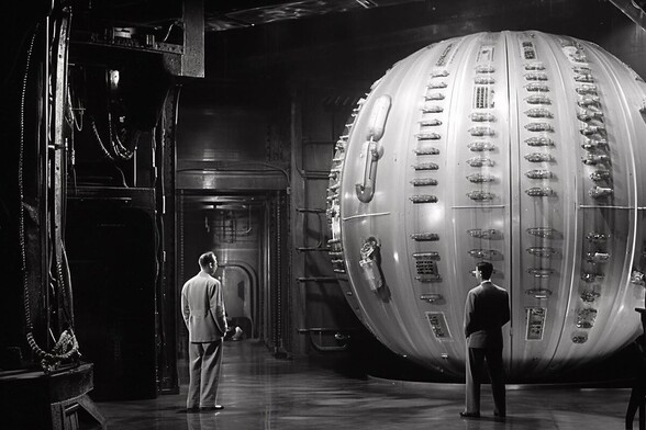 Two men stand looking at a very large metal sphere or satellite sitting in a dark factory room