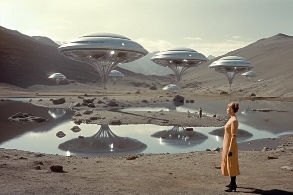 A woman stands on the shore of a drying lake and looks at saucer-shaped towers on the far side