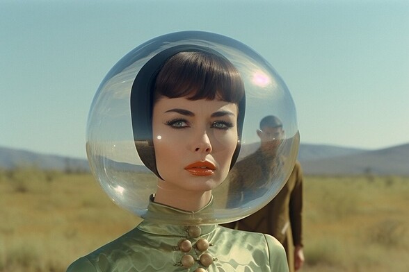 A woman with her head in a plastic bubble stands on a grassy plain while a person stands behind her