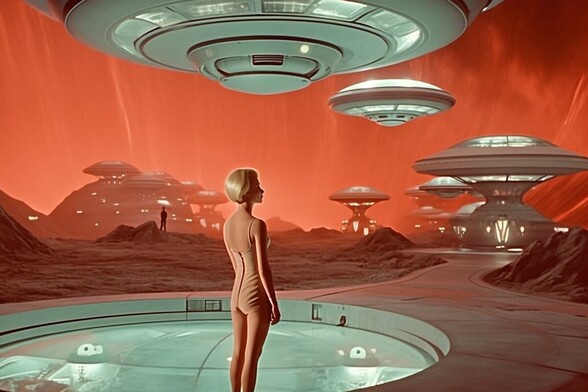 A woman looks at saucers and saucer-shaped buildings as the sky catches fire