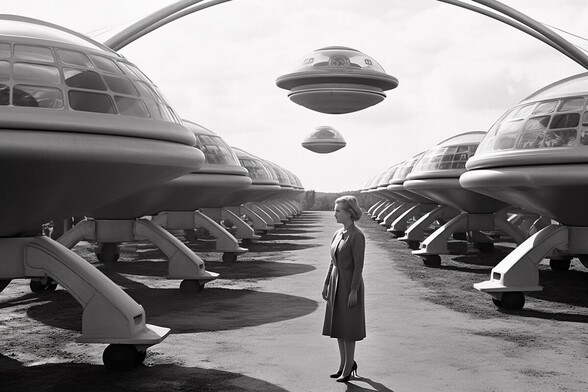 A woman stands between two rows of flying saucers on wheels, two of which are hovering above