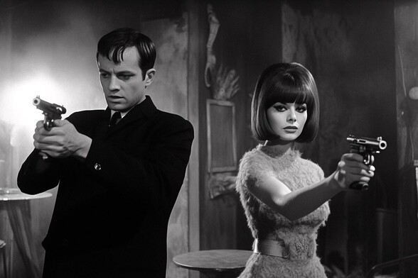 A man and a woman hold pistols on unknown adversaries
