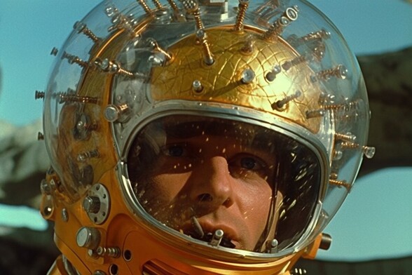 Closeup of a man in an ornate golden space helmet