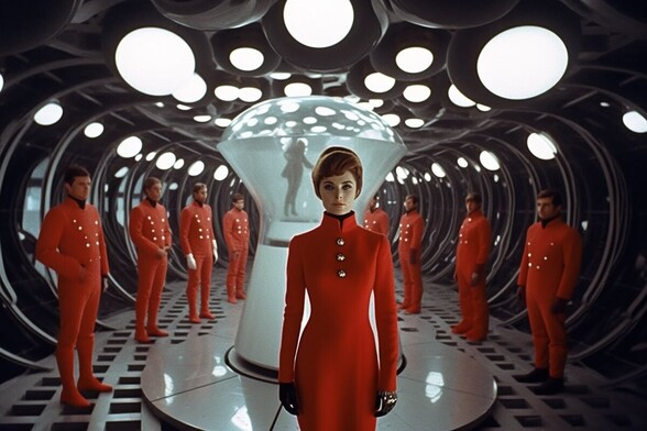 A woman in a red dress stands in a spaceship corridor with two rows of male attendants also in red