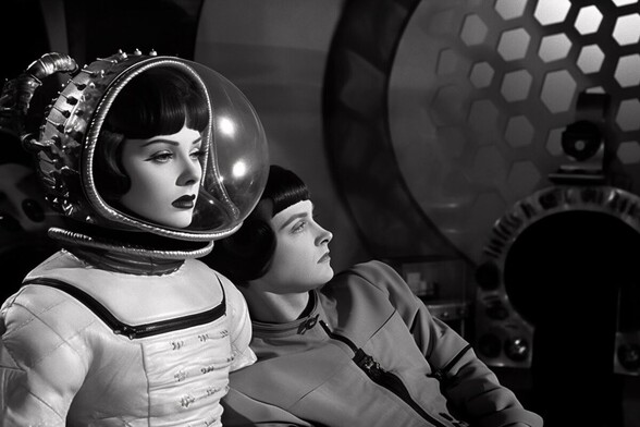 A woman without a spacesuit leans on a woman in a spacesuit. They both look resigned