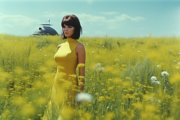 A woman in a yellow short-sleeved dress, with a dome in the background. There are many blades of grass