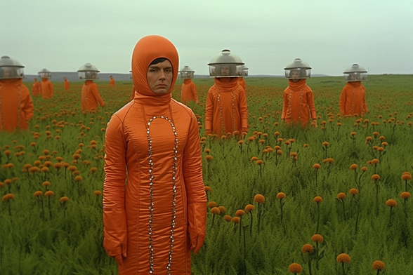 A person in a long red parka which covers most of their body stands in front of a group of similarly clad people, except they all have strange clear plastic bubble helmets on. There are many blades of grass