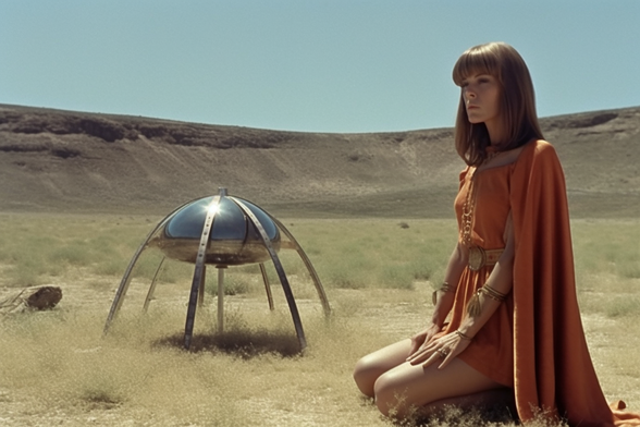 A woman in a tunic and robe kneels near a shiny metal hemisphere supported by a number of curving legs. There are many blades of grass