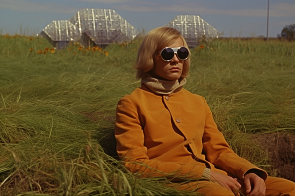 A young man with pince-nez sunglasses and an orange suit reclines in front of large reflectors. There are many blades of grass