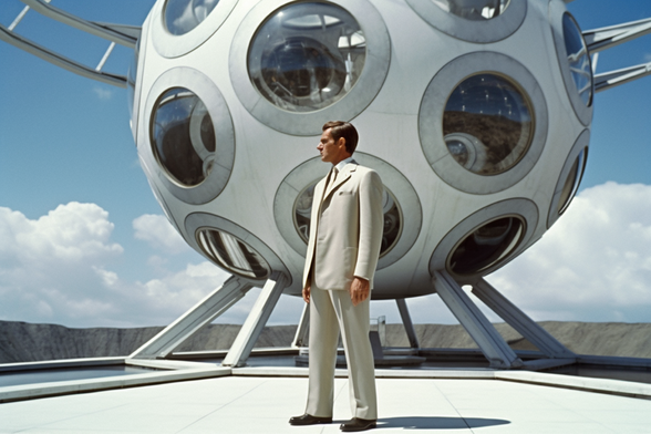 A man in a light grey suit stands in front of a large sphere with glass portals all over it, which is mounted on a platform high above mountains