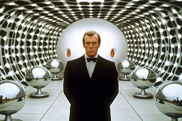 A man in a suit and bow tie stands in a long covered platform with chrome spheres mounted on pedestals arranged behind him