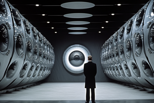 A man in a suit stands between two long cylinders which have clear circular windows in rows around their middle. A circular door or screen is at the end of the room