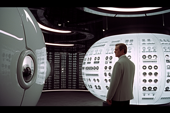A man in a suit stands in a server room containing big torus-shaped computers