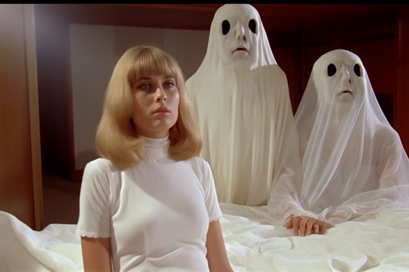 A non-screaming woman, with two ghosts who appear to be people wearing sheets