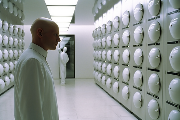 A bald man in a white featureless uniform stands in a white room with white plastic spheres arrayed along the sides