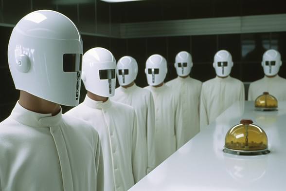 People wearing white featureless clothing and white helmets with full visors stand around a white table looking at yellow cloches 