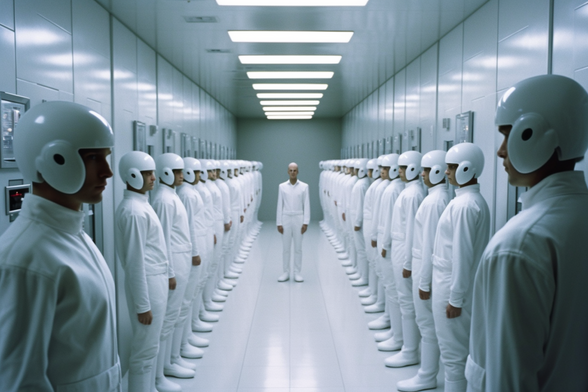 Two rows of guards in white uniforms and white crash helmets stand on either stand of a bald man in a white uniform. They are standing in a white corridor