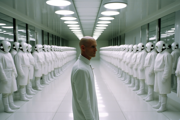 Two rows of guards in white uniforms and white masks stand on either stand of a bald man in a white uniform. They are standing in a white room