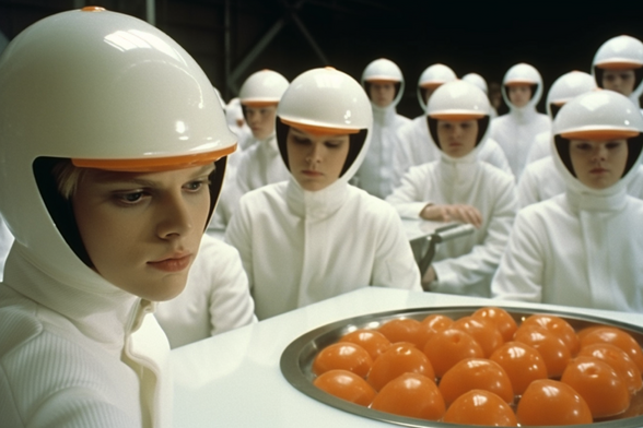 People in white helmets and clothing sit around looking at a bowl of tomatoes, possibly clockwork