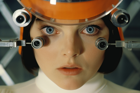 An intense young woman with some kind of apparatus being moved in front of her face