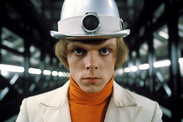 An intense young man with a metal bowler hat