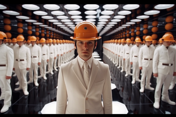 Rows of people in white with orange bowlers, with one standing up the front except he’s in a white suit and white tie