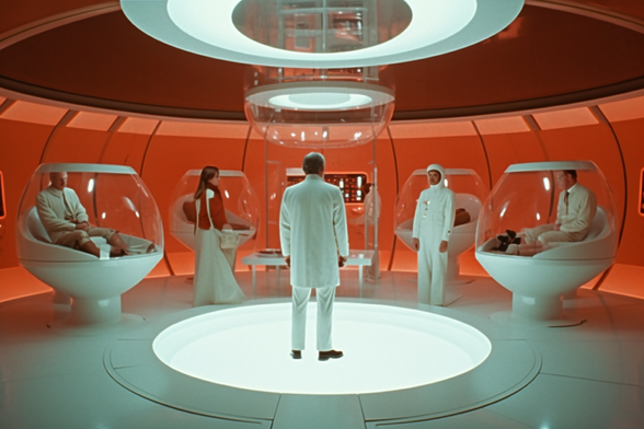 People stand in a circular futuristic room with chairs enclosed in glass bubbles
