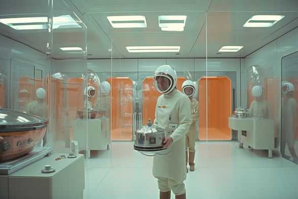 People in isolation suits move around a science lab doing sciency things