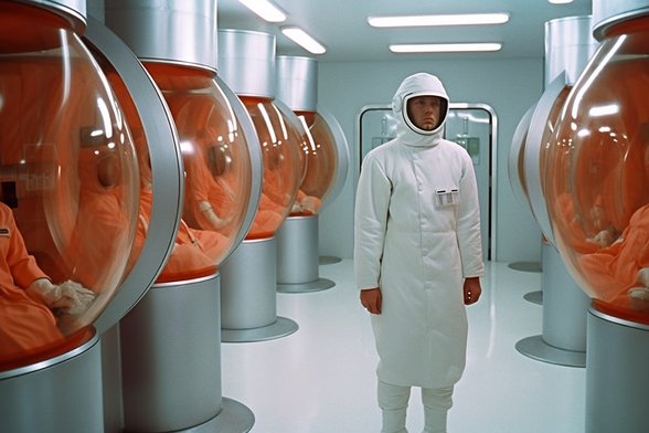 A person in an isolation suit stands in a lab with a number of glass spheres which possibly contain people???