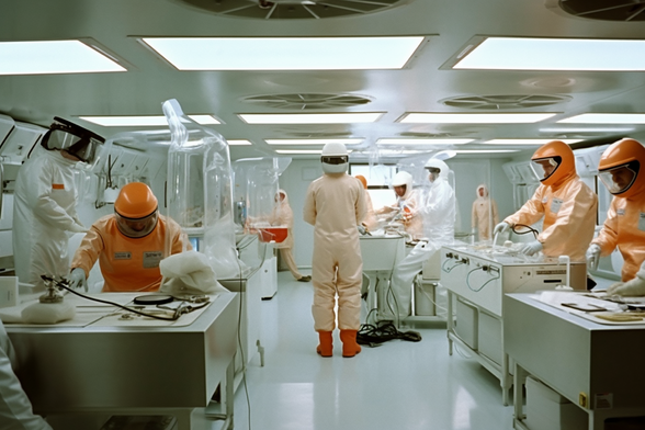 People in isolation suits move around a science lab doing sciency things