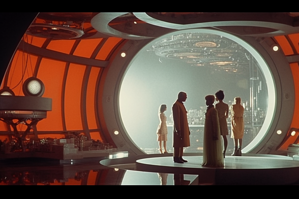 A group of people stand on a viewing platform, mostly not looking at the floating space city outside the portal